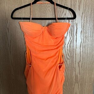 Oh Polly Dress (LETTIE) Embellished Strap Cut Out Mini Dress in Orange